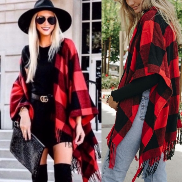 Sweetbb Sweaters - AMBER Fall Red Plaid Shawl
